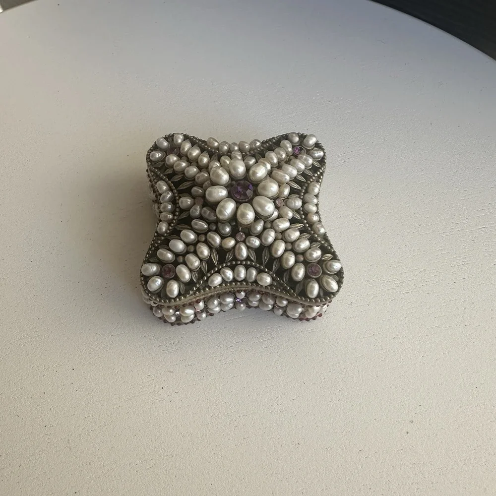 Vintage Pearl & Rhinestone Encrusted Metal Trinket Box 2.5